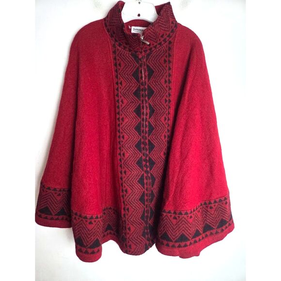 Serengeti Sweaters - Serengeti Red w/Black Fair Isle Print 100% Wool Full Zip Cape Sweater size XL